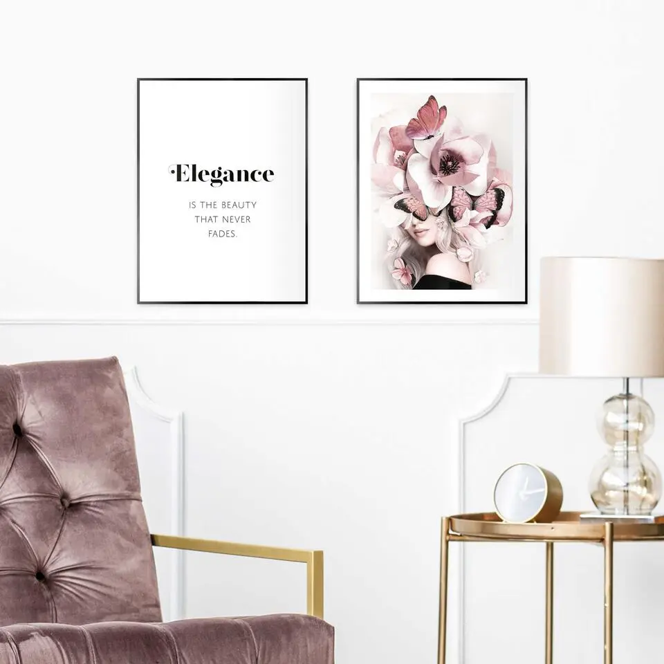 Set poster met lijst - Elegante Bloemenvrouw