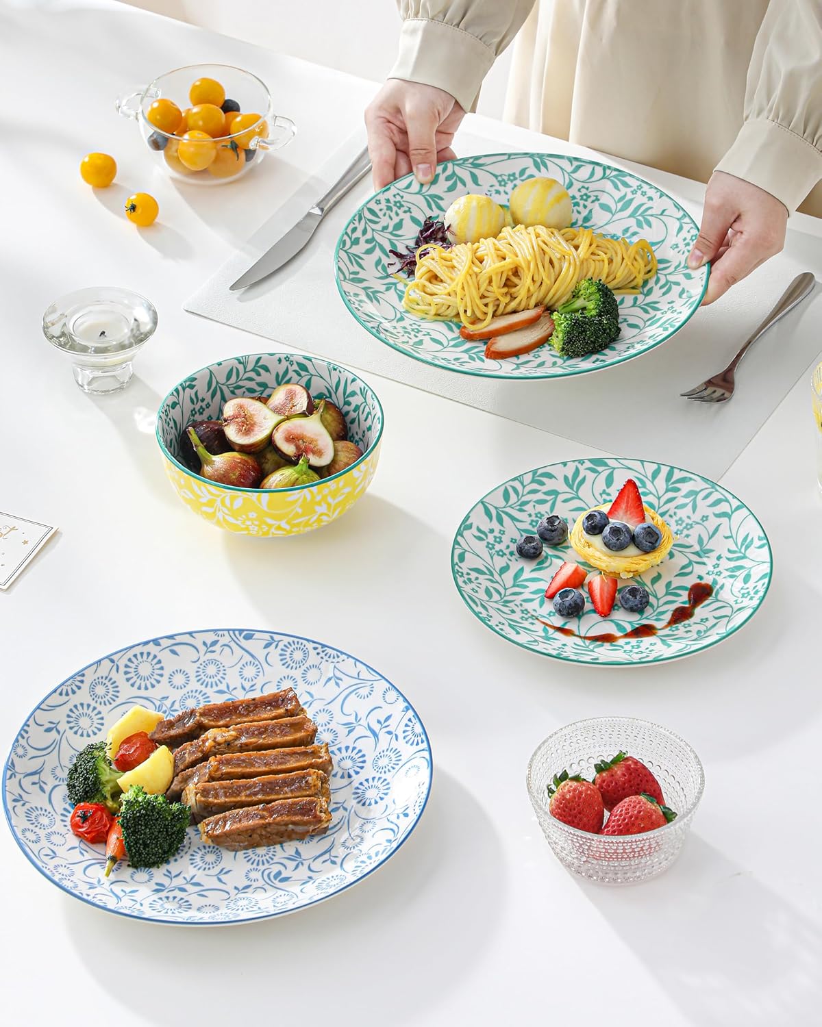 vancasso SELENE Plates and Bowls Set for 6, 18 Pieces Dinnerware Sets, Mircowave and Dishwasher Safe Dishes Set, Porcelain Pastel Dinnerware