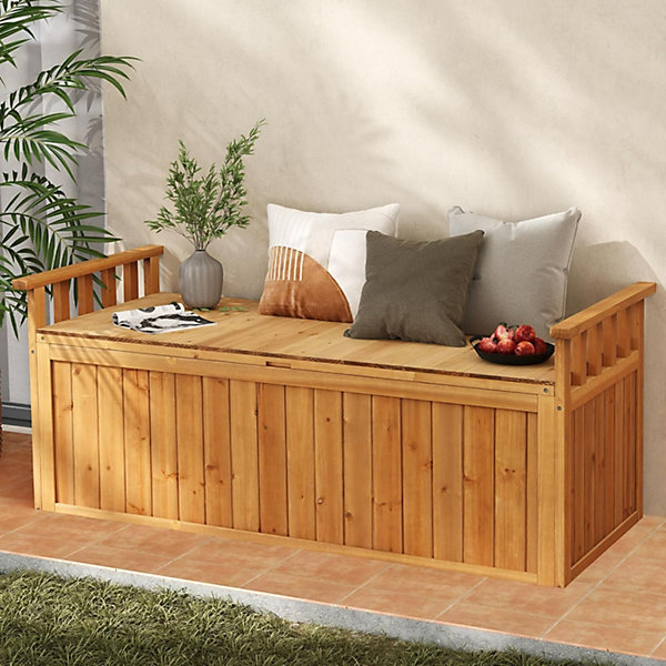 Banc de Rangement d'Extérieur en Bois, Coffre de Stockage en Bois, Charge 100KG, pour Jardin Balcon, Naturel