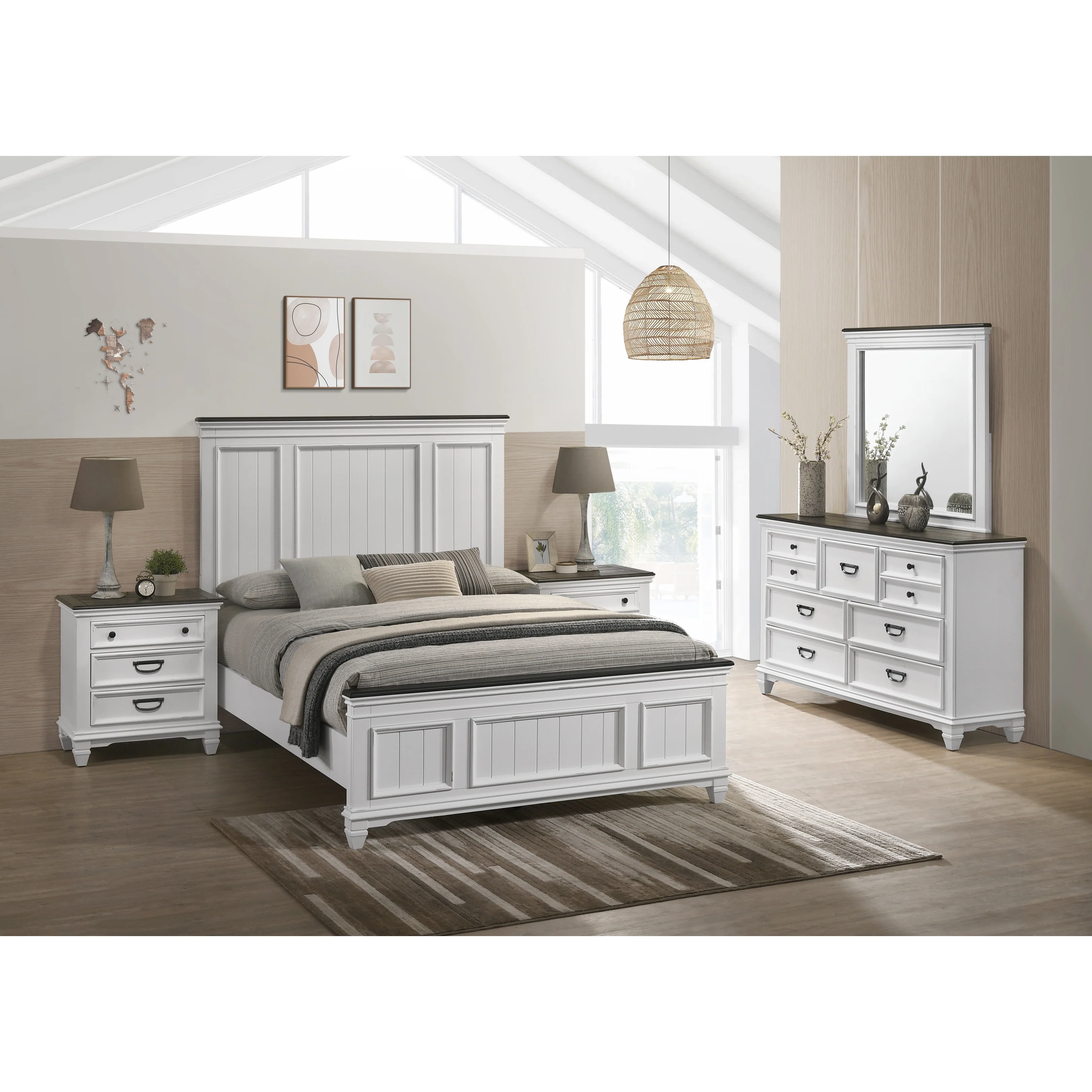 Roundhill Furniture Clelane Wood Bedroom Set with Bed, Dresser, Mirror, and Two Nightstands