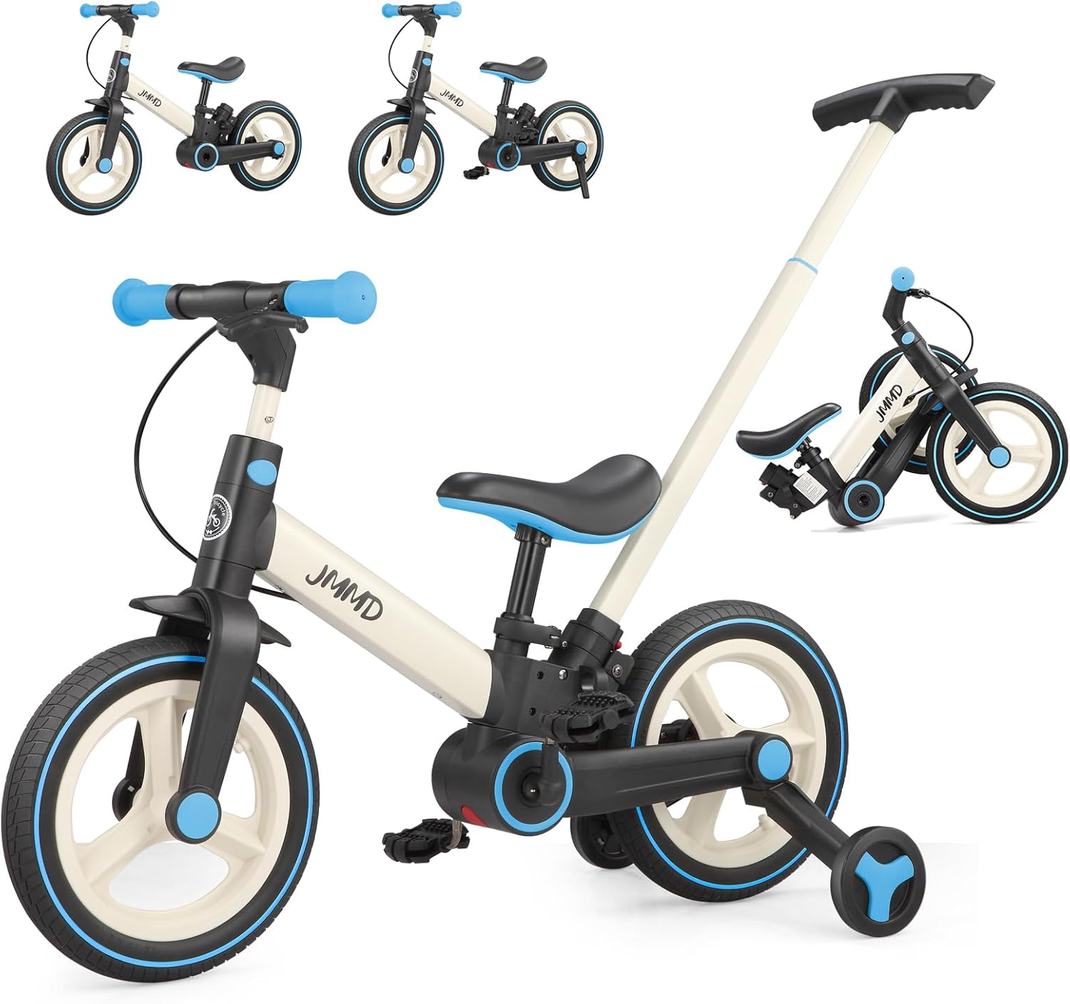 JMMD 6 in 1 Toddler Bike with Push Handle for Kids 18-60 Months, 12 Foldable Balance Bike with Training Wheels, Pedals, Brakes, Kickstand, Push Tricycle Toddler Gift & Toys for Boy & Girl