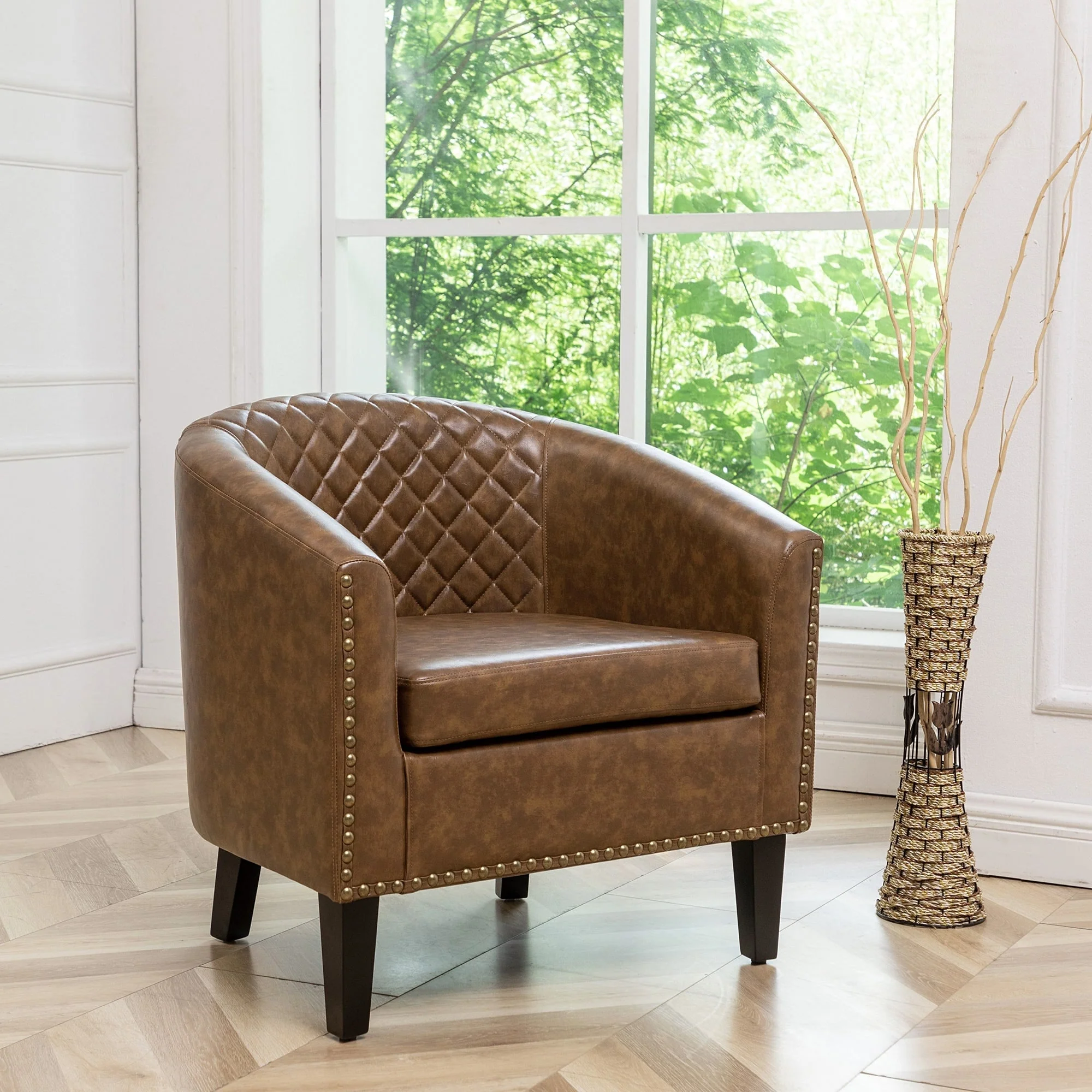 KINWELL PU Leather Tufted Barrel Chair Club Armchair with Nailheads