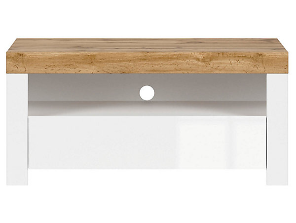 Meuble TV avec tiroir et étagère,coloris Blanc/Chêne wotan - Longueur 106 x Profondeur 42 x Hauteur 50,5 cm