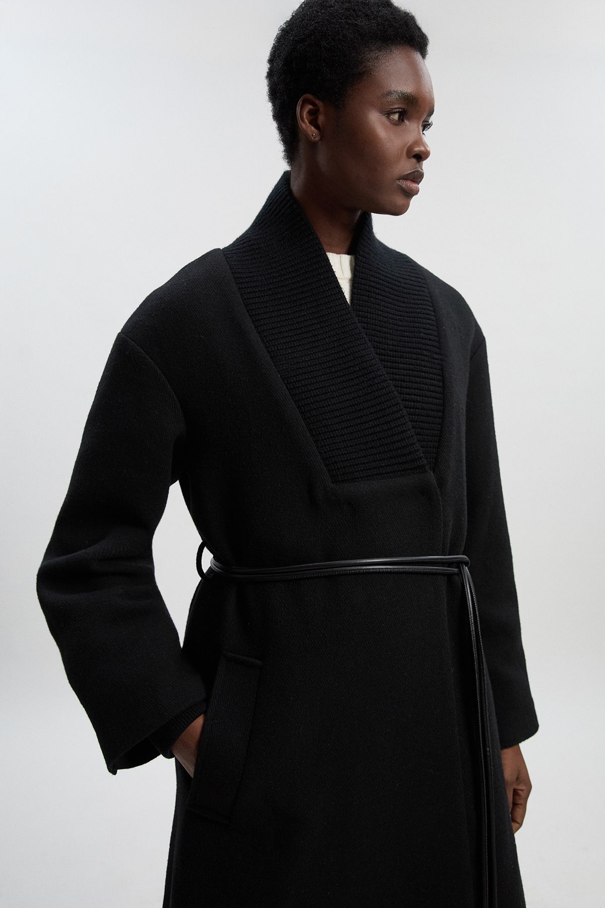 KarenMillen Wool Knitted Wrap Neck Belted Tailored Midi Coat