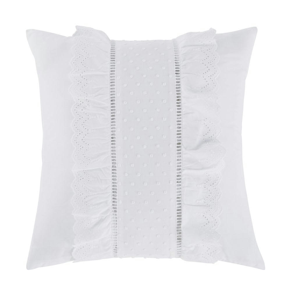 BIANCA - Coussin en coton blanc avec volants et plumetis 45x45