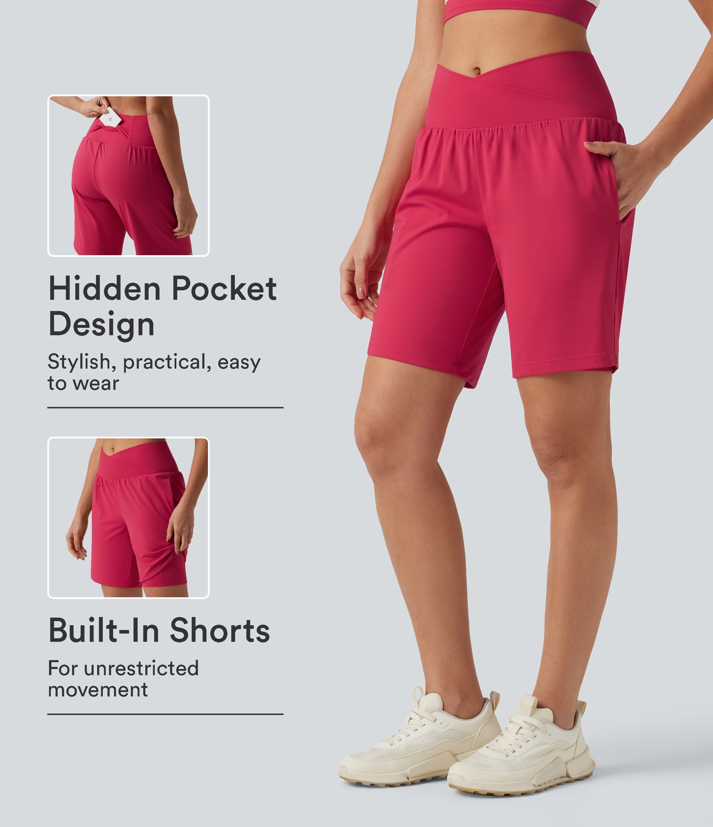 Short de yoga 2-en-1 taille haute croisée en SoftlyZero™ Airy à effet frais InstantCool 22,9 cm avec poches