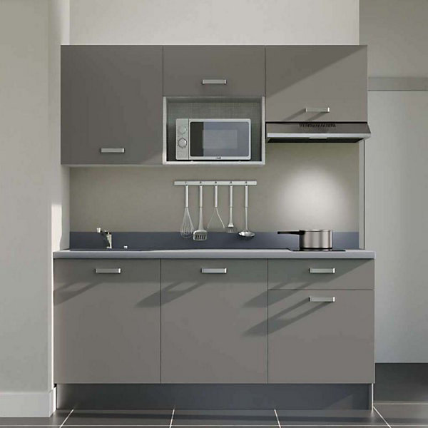 Kitchenette K30 - 180 cm - façades Gris - Plan monobloc en quartz coloris Cromo évier à gauche - Electroménager Inox