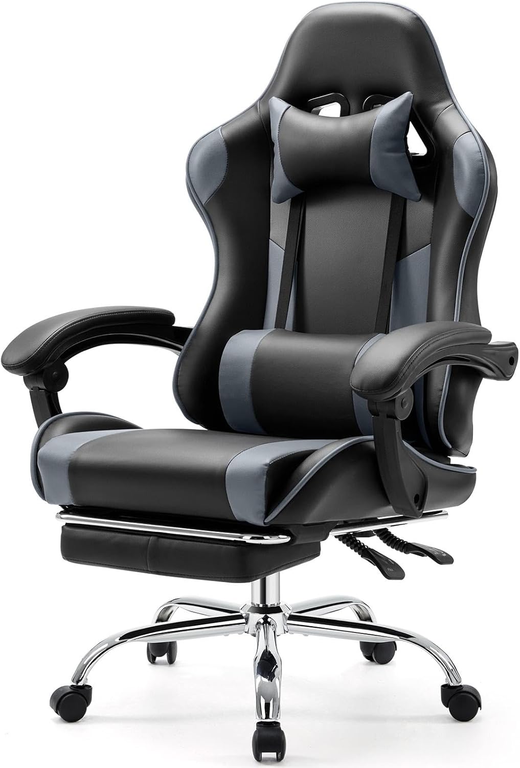 Sweetcrispy Computer Gaming Chair with Footrest, Ergonomic High Back PU Leather Video Racing Chair with Adjustable Headrest & Linkage Armrest, for Office and Home, Adults, Grey