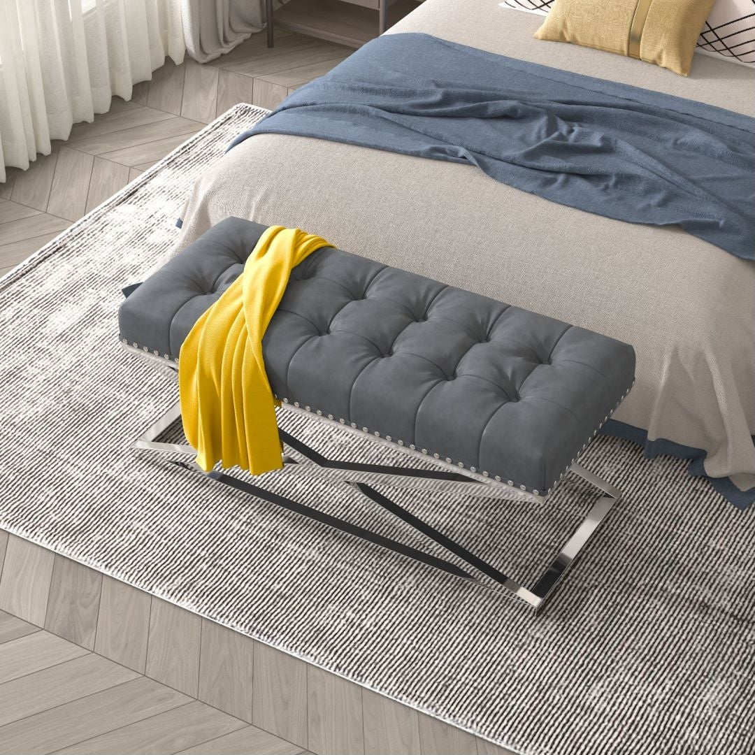 Retro Ottoman Vintage Tech Leather Bench Cross Stainless Steel Base