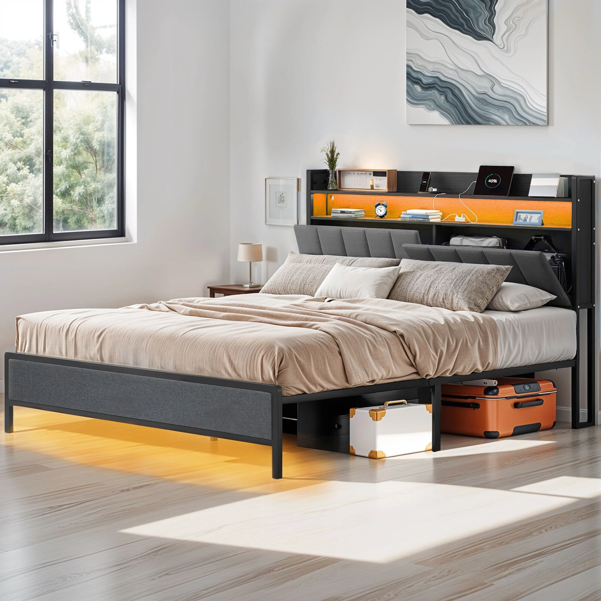 LED Bed Frame with Storage Headboard and Charging Station