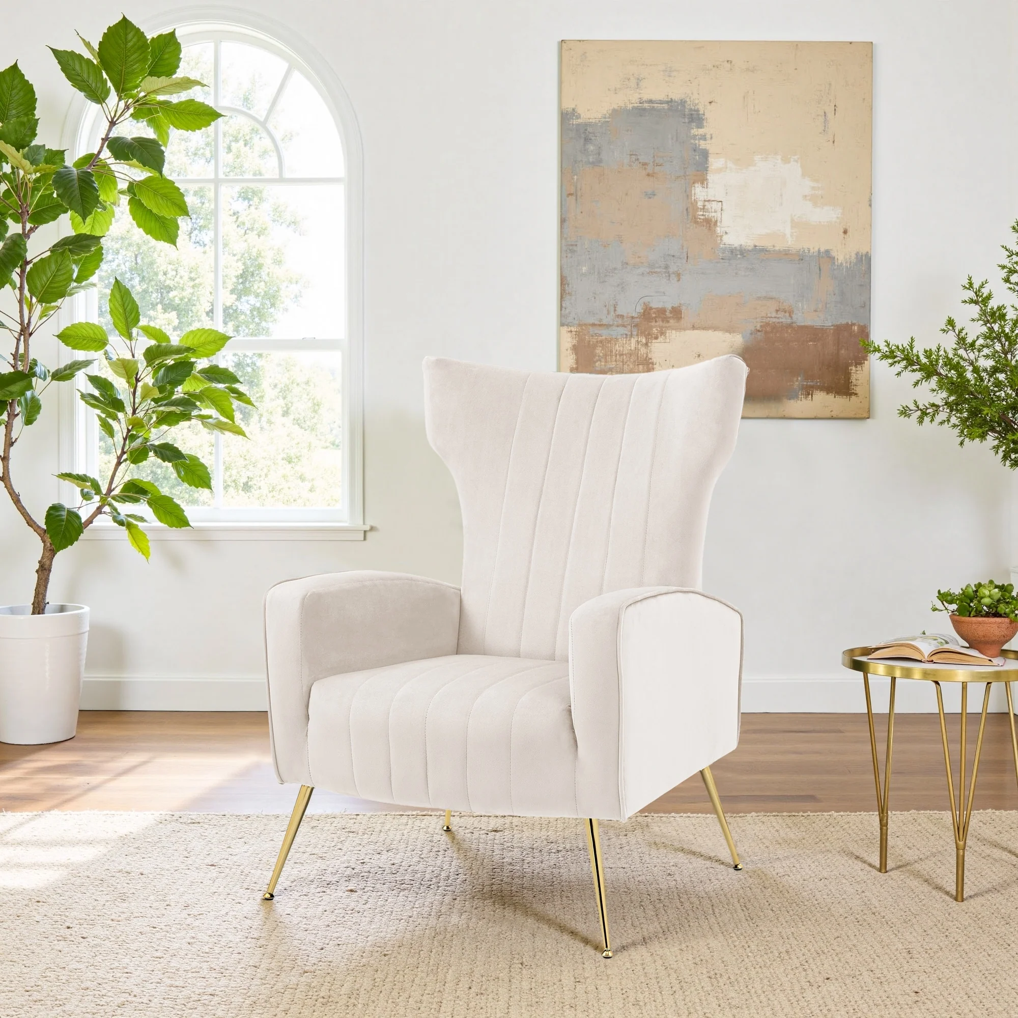 Velvet Stripe Wingback Accent Chair with Metal Legs for Living Room