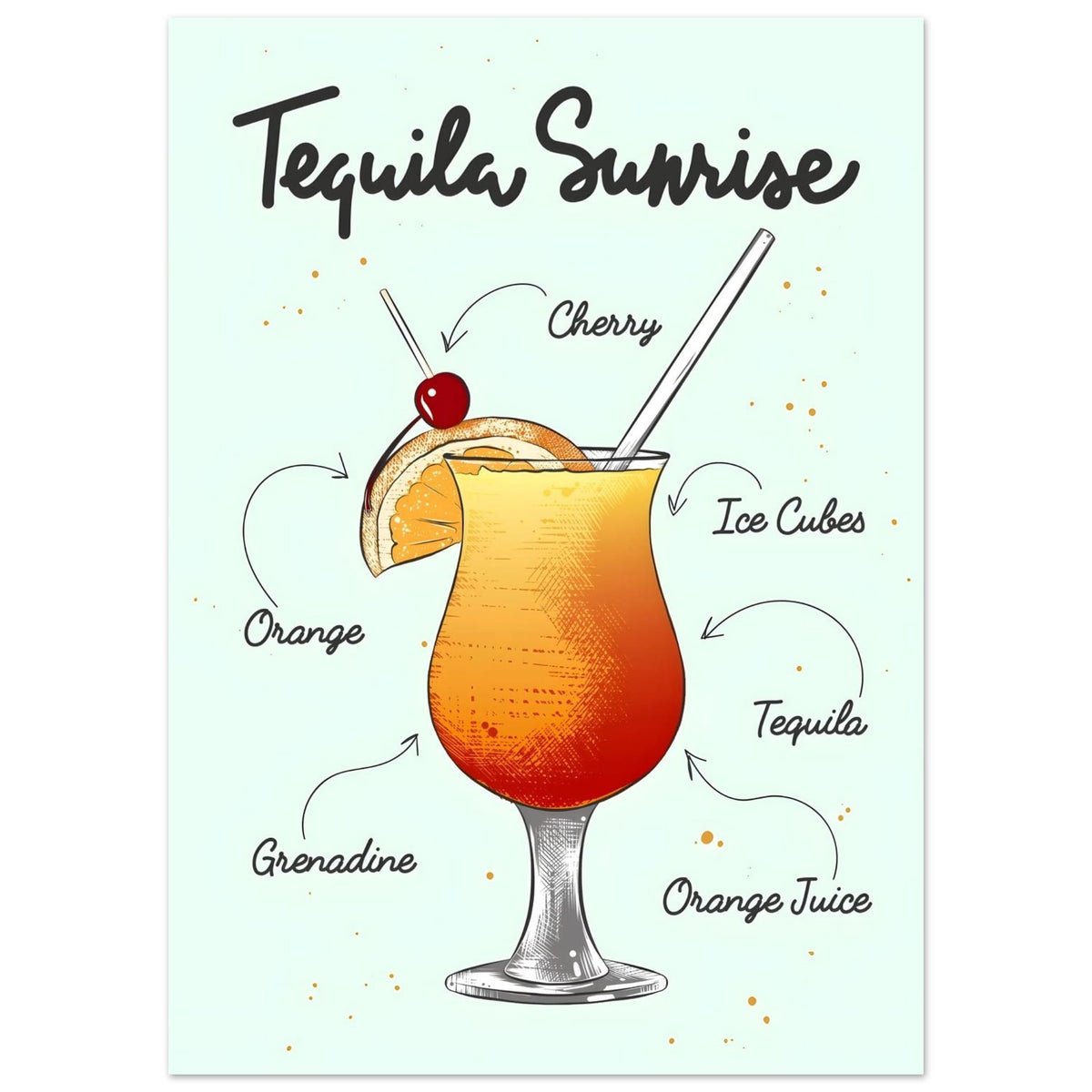 Artfulprints Tequila Sunrise cocktail – Illustratie  poster 50x70 cm