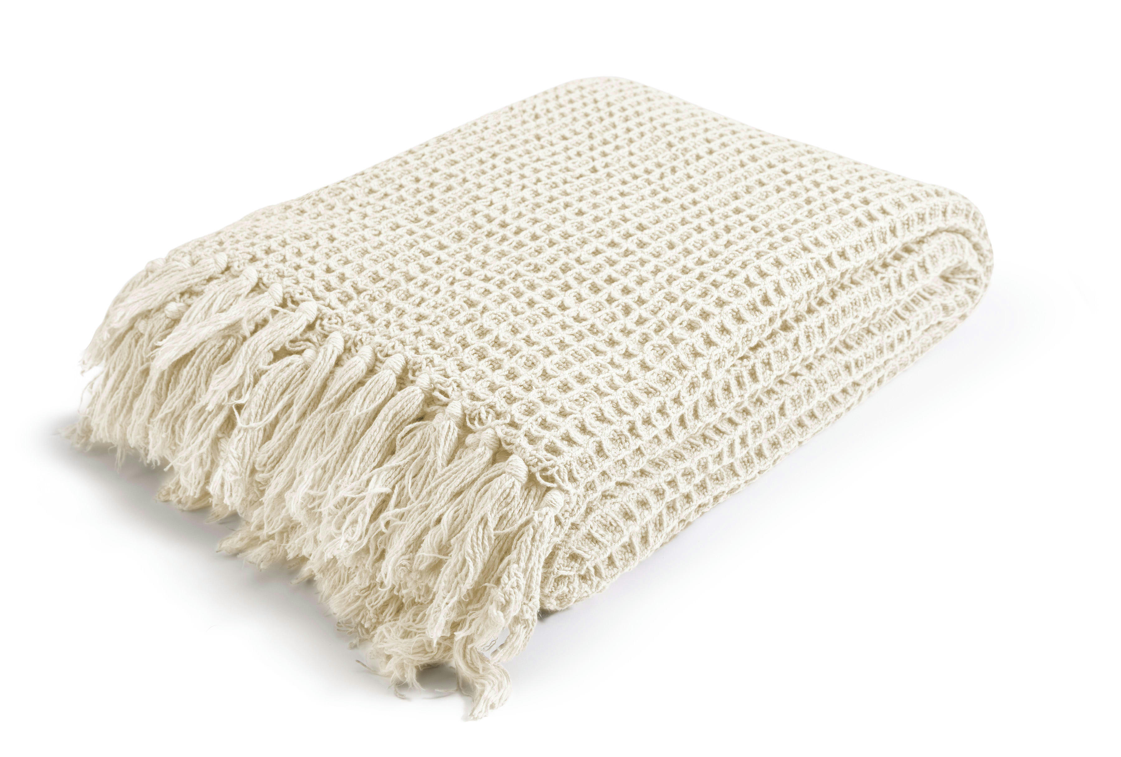 WAFFLE - Plaid  en 100% coton lavé  à franges nouées ivoire 170 x 130