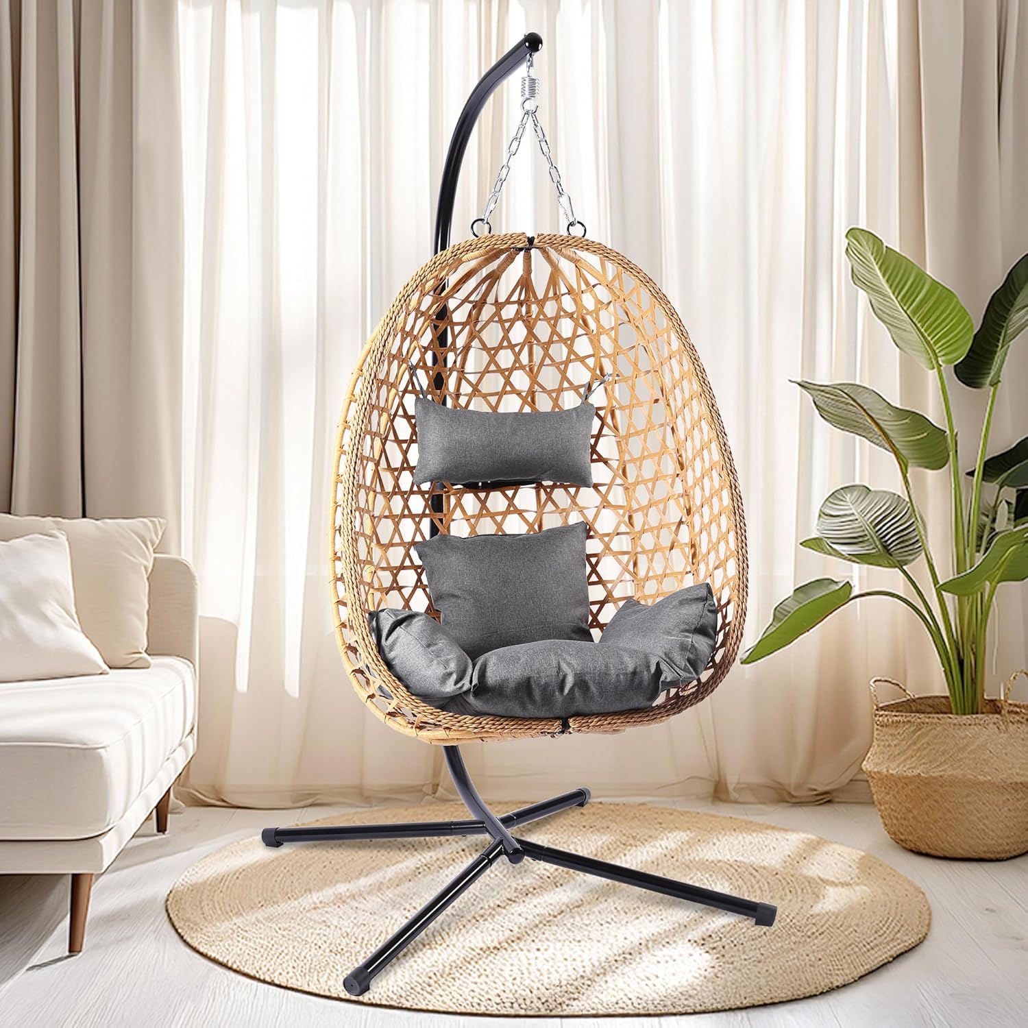 LEX CRAFT Egg Chair with Stand, Patio Wicker Hanging Chair, Hammock Swing Chair, 350LBS Capacity for Bedroom, Balcony, Garden (YE-GR)