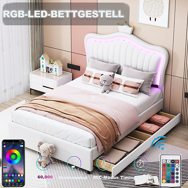 Lit enfant 90x200 cm - Lit Simple Capitonné avec 2 Tiroirs, Couronne Blanche et LED, Sommier à Lattes, Sans Matelas, Blanc