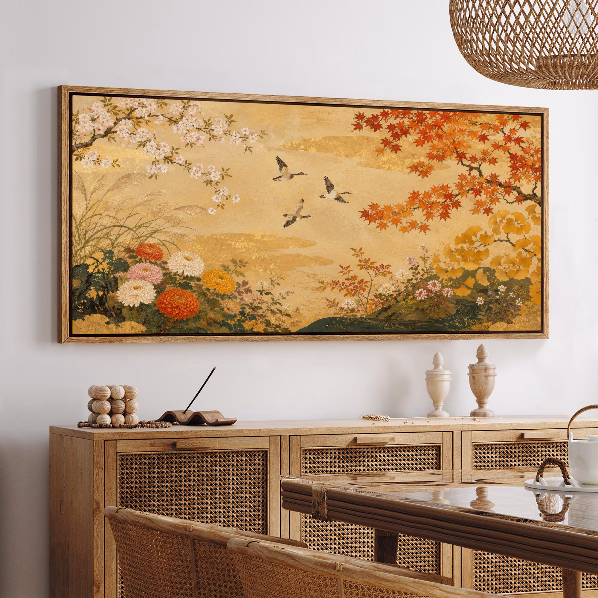 Large Vintage Autumn Floral Bird Maple Framed Wall Art, East Asian Landscape Canvas Print, Antique Nature Living Room Decor