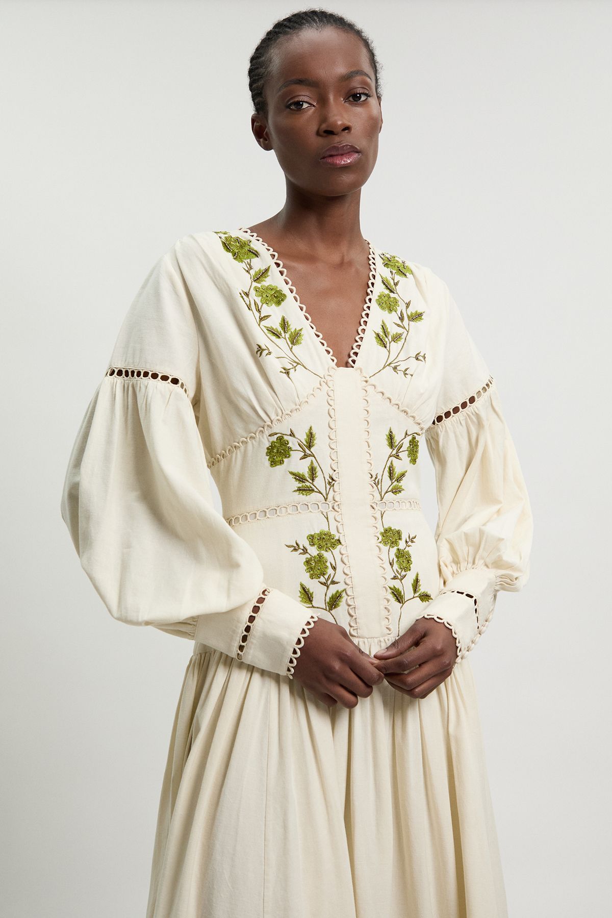 KarenMillen Rose Embroidered Cotton Twill Woven Long Sleeve Maxi Dress