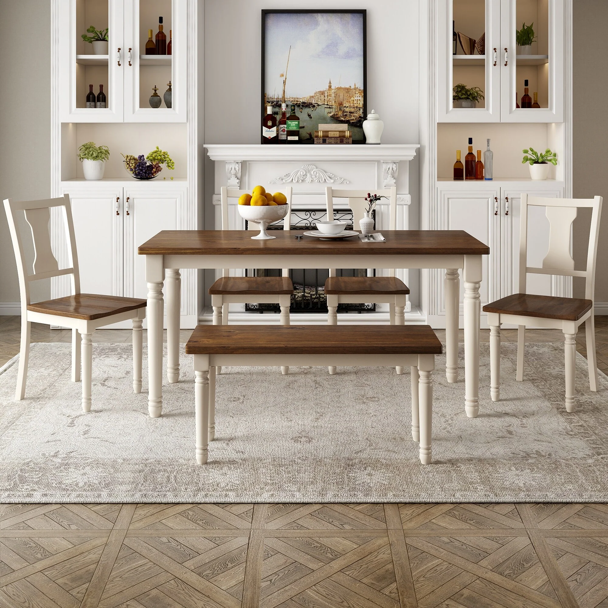 6-Piece Wooden Dining Table Set with 4 Chairs & Bench, Unique Legs