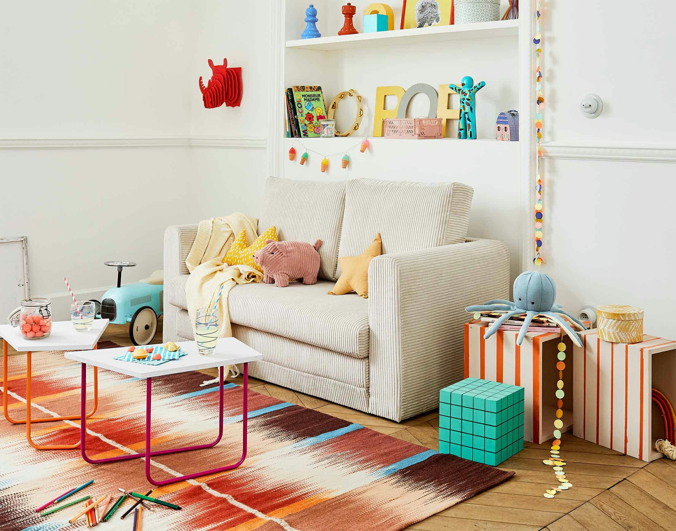 MARILIA - Canapé droit convertible 2 places en velours côtelé beige