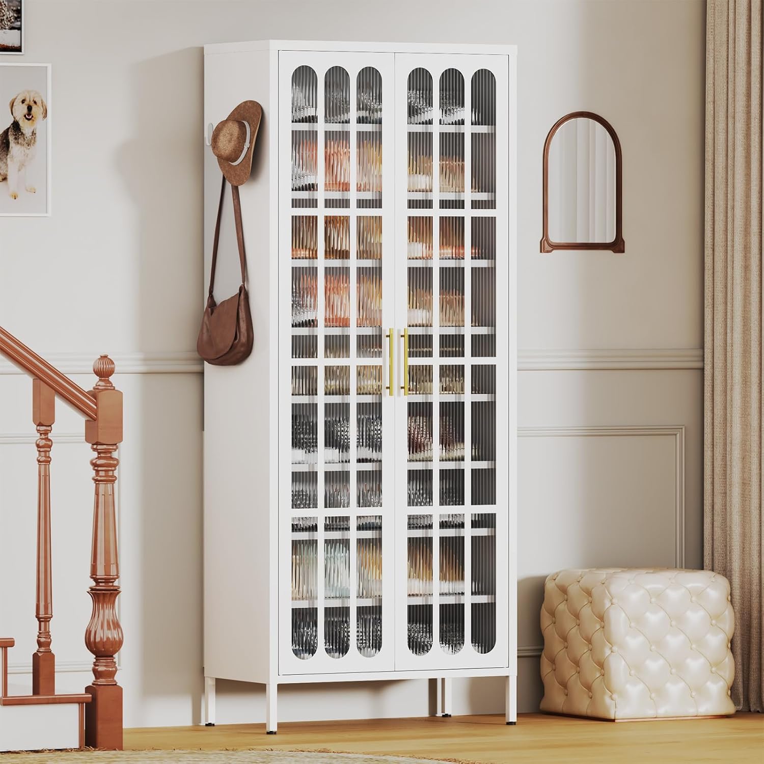 9-Tier Large Metal Shoe Storage Cabinet with Fluted Acrylic Doors & 8 Adjustable Shelves, Holds 27-36 Pairs, 67 Tall Shoe Organizer Rack for Entryway, Hallway, Cloakroom (White)