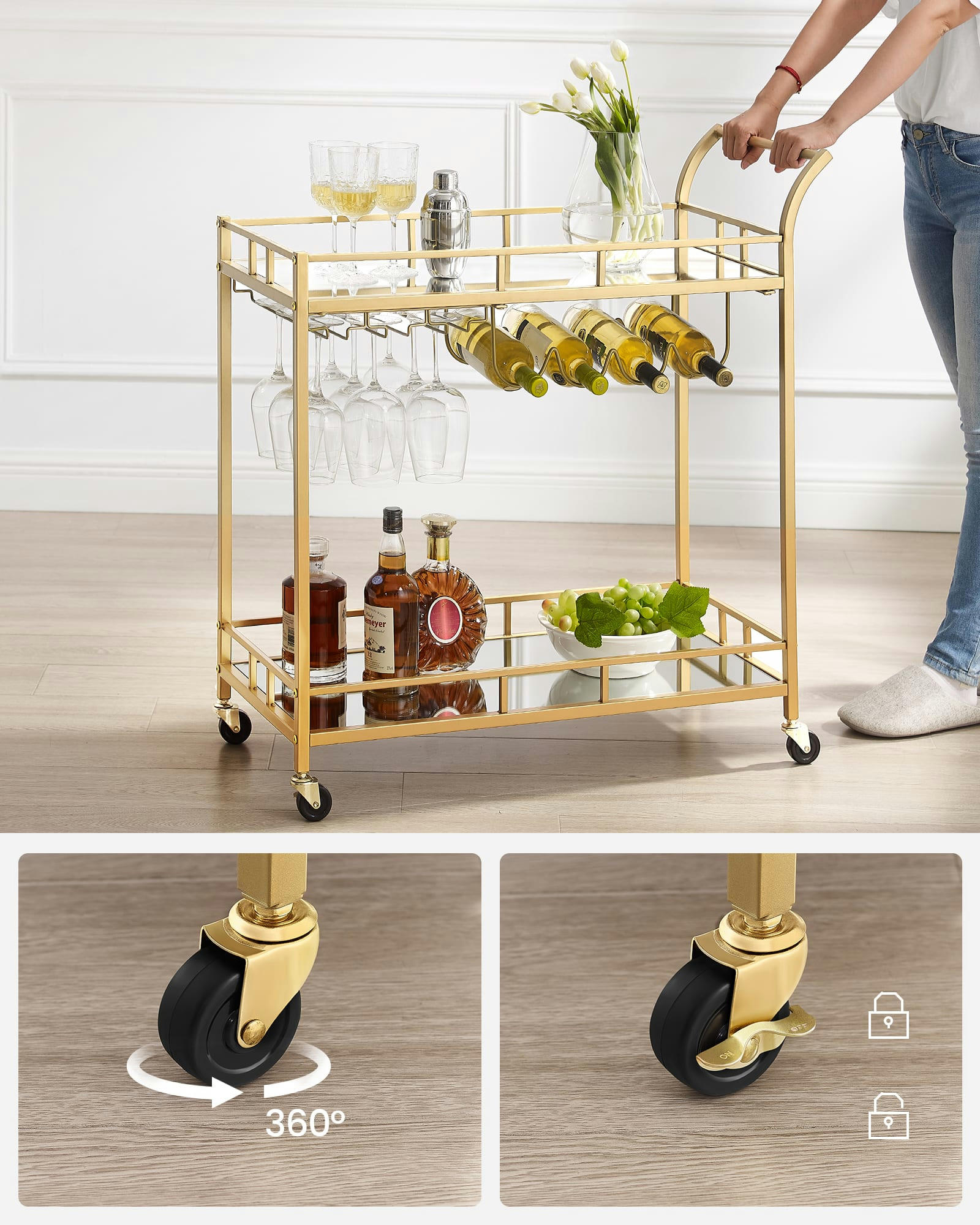 - Desserte pour boissons à roulettes en acier doré