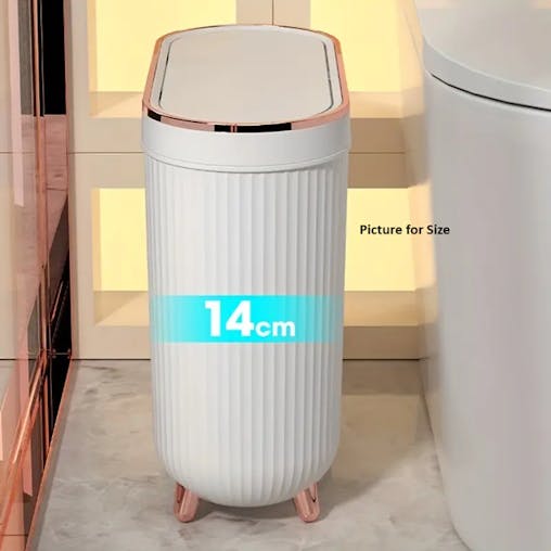 NNETM Compact Toilet Trash Can with Quiet Close Lid - White Gray Plastic, Space-Saving Design