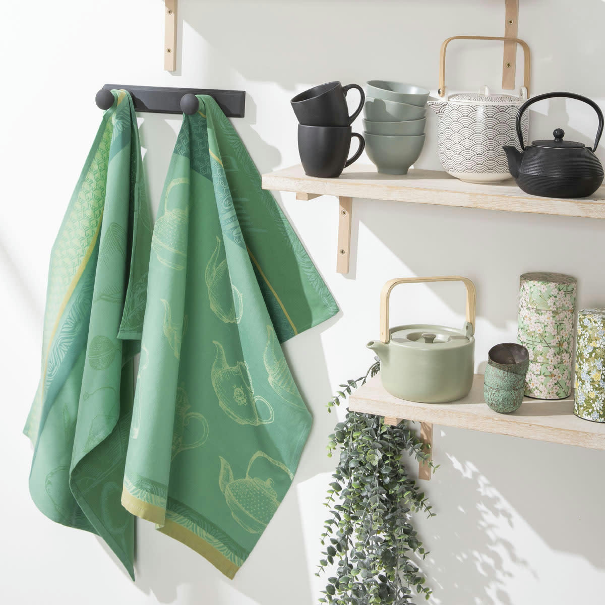 THÉ - Lot de 2 torchons en coton vert 50x75