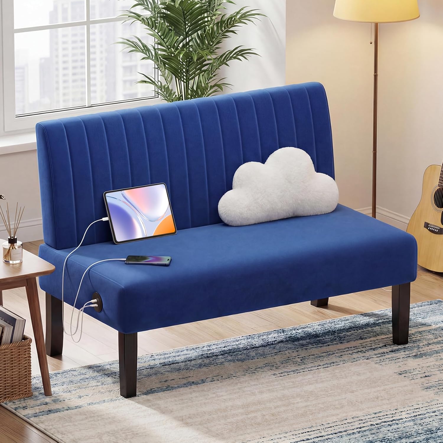 STHOUYN Mini Comfy Couch Armless Loveseat Sofa with USB Port, Velvet Couches for Small Spaces Living Room, Apartment Office Dorm (Navy Blue)