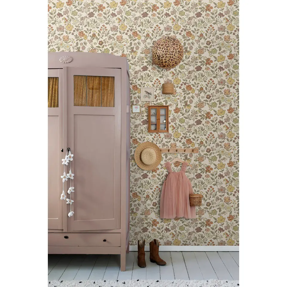 ESTAhome behang bloemetjes groen, geel, paars en terracotta - 50 x 900 cm