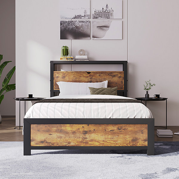 Lit simple industriel avec tête de lit rangement bois noyer 90x200cm