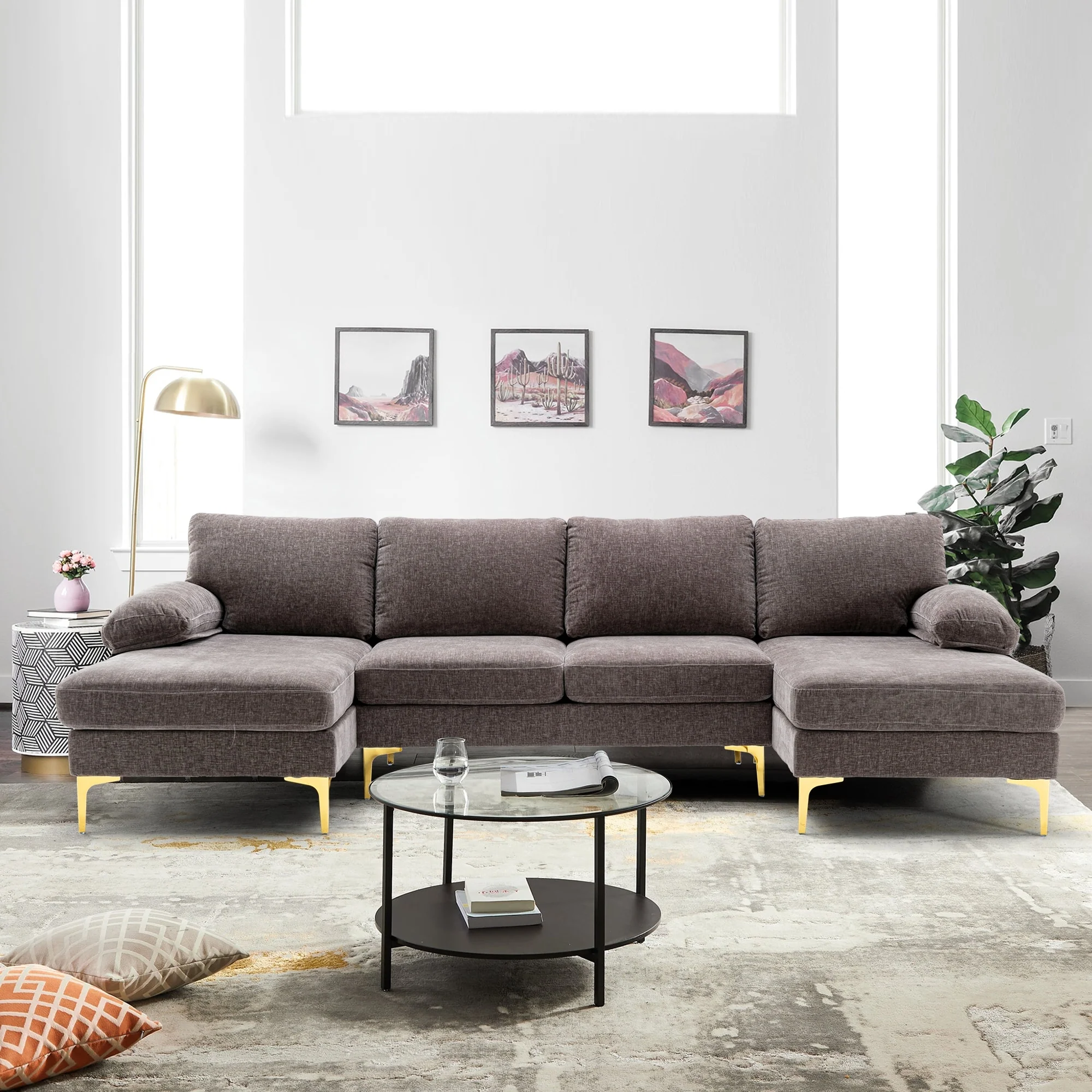 Polyester Upholstered U-shaped Stationary Sectional Sofa With Metal Legs