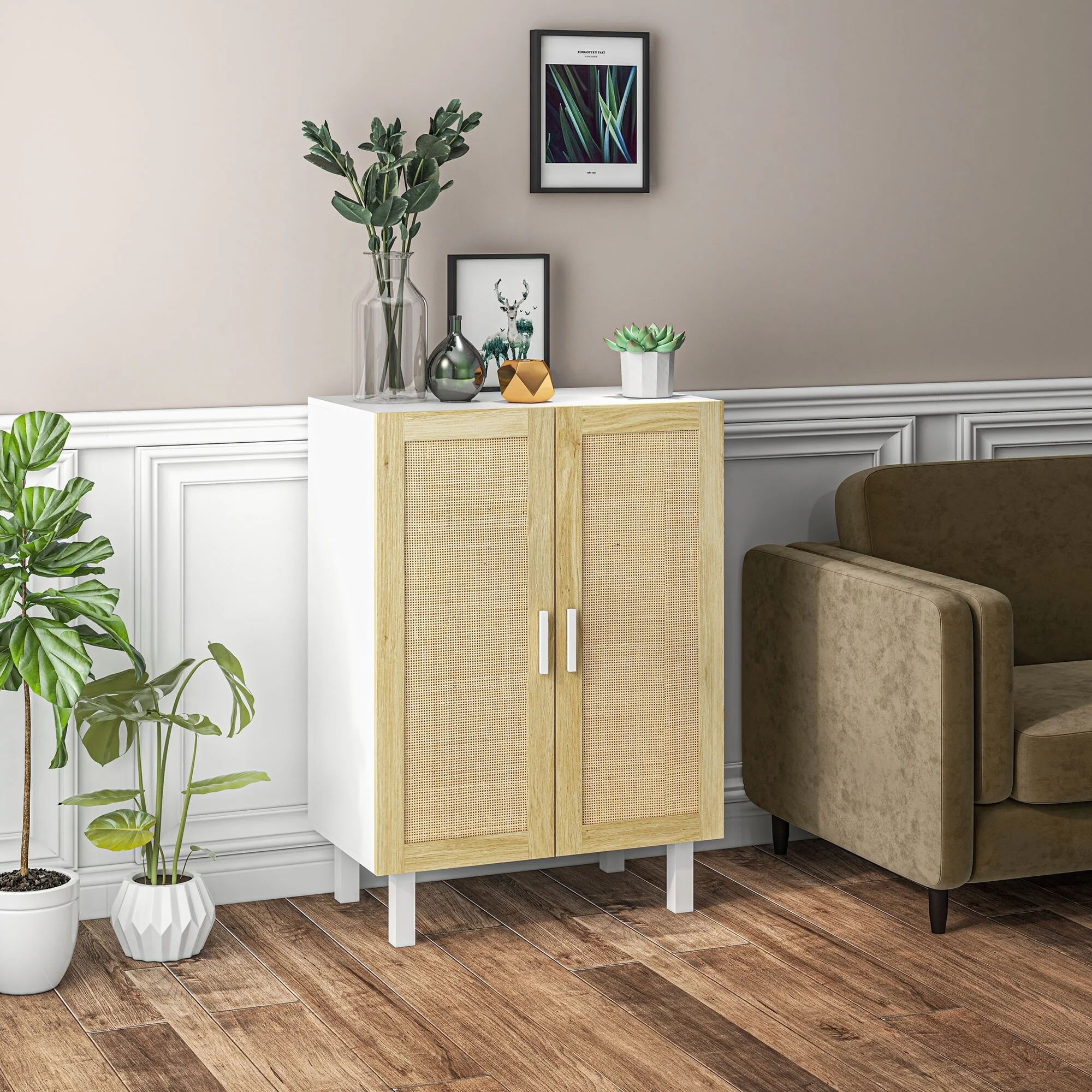 Sideboard Buffet Cabinet, Kitchen Cabinet, Coffee Bar Cabinet with 2 Rattan Doors and Adjustable Shelves