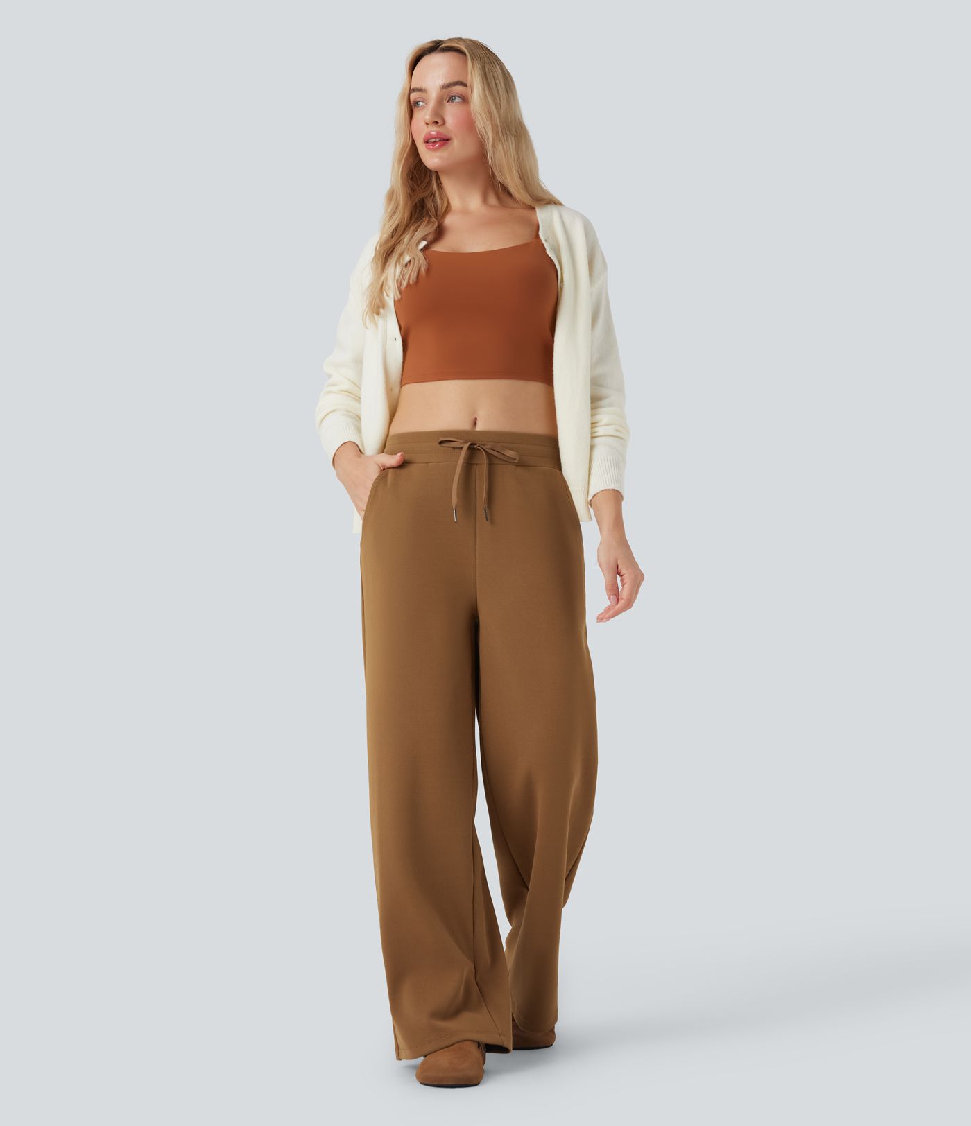Pantalon jogging décontracté ample micro-gaufré taille mi-haute avec cordon de serrage et poches