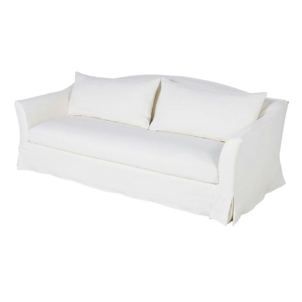 Anaelle - Canapé convertible 3/4 places en lin supérieur blanc, matelas 10 cm