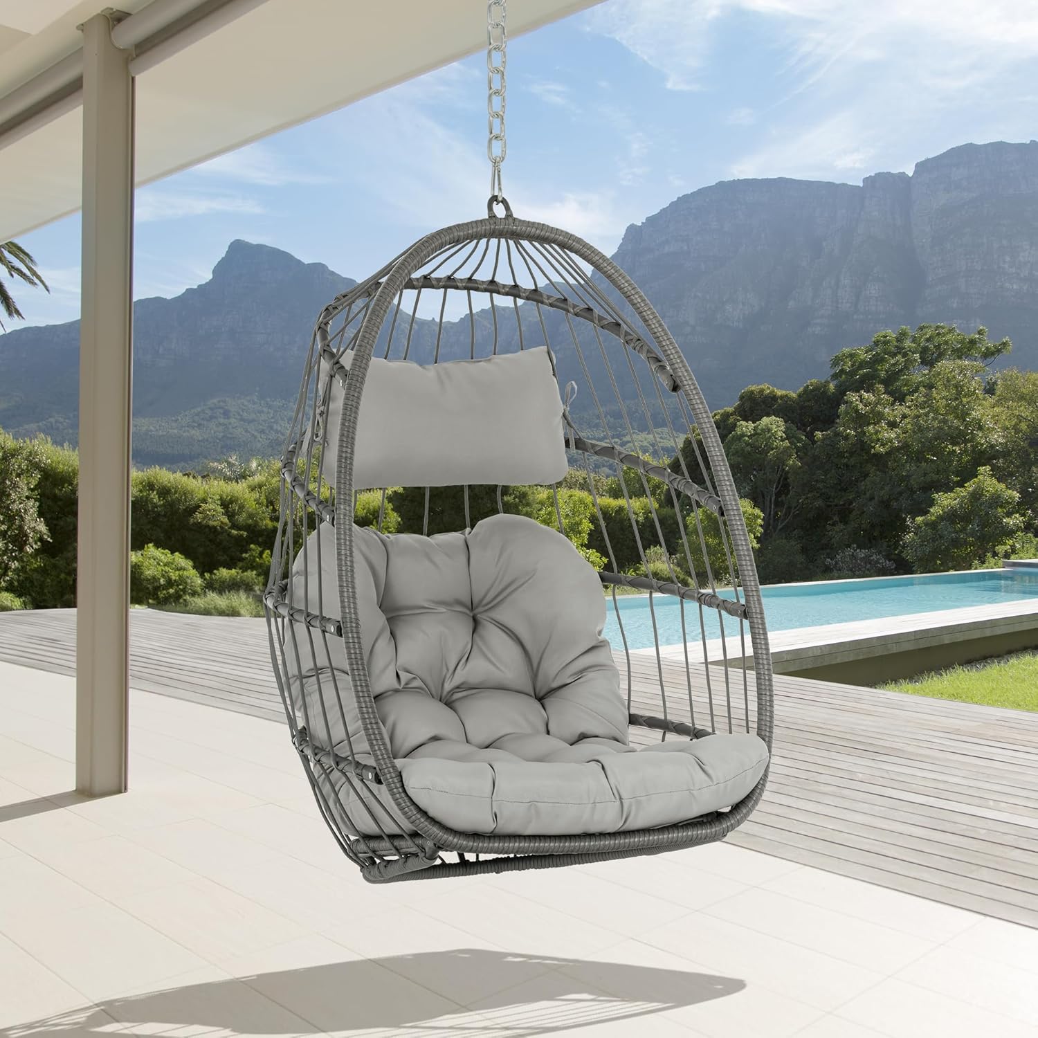 Brafab Wicker Rattan Hammock Egg Swing Chair with Hanging Chain, Aluminum Frame and UV Resistant Cushion, Indoor Outdoor Bedroom Patio Porch Foldable Camping Chair (Without Stand)