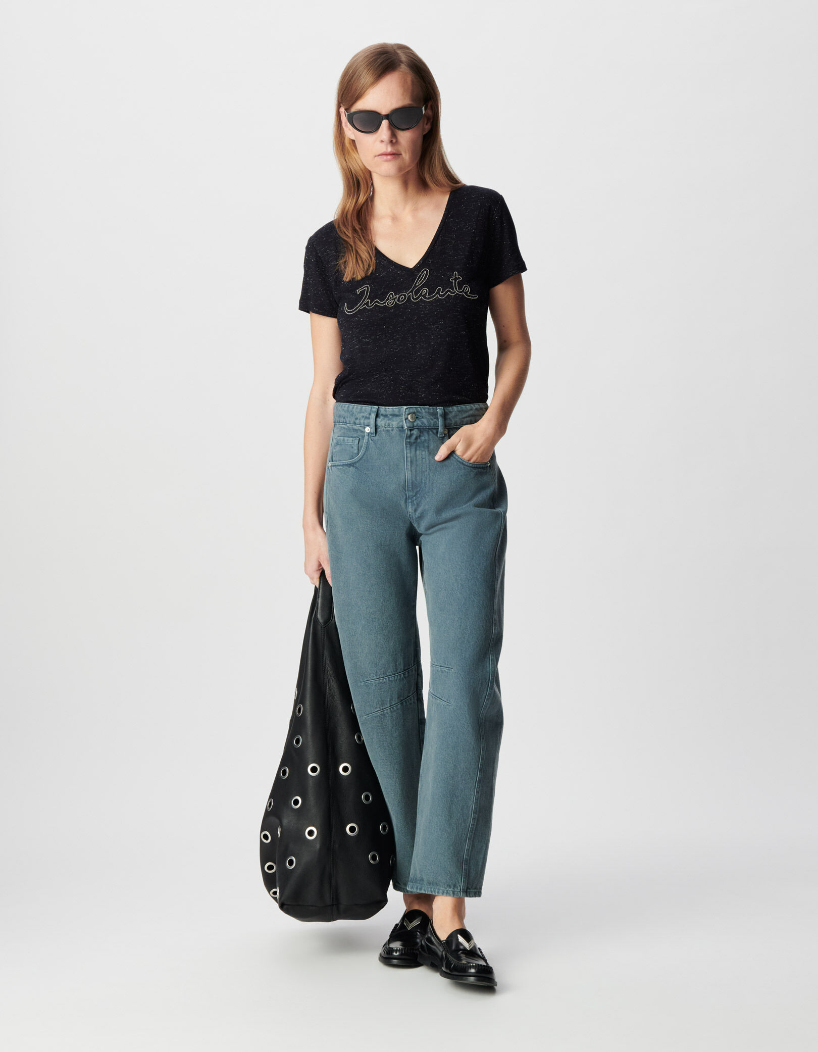 Tee-shirt marine lurex message brodé micro-billes Femme