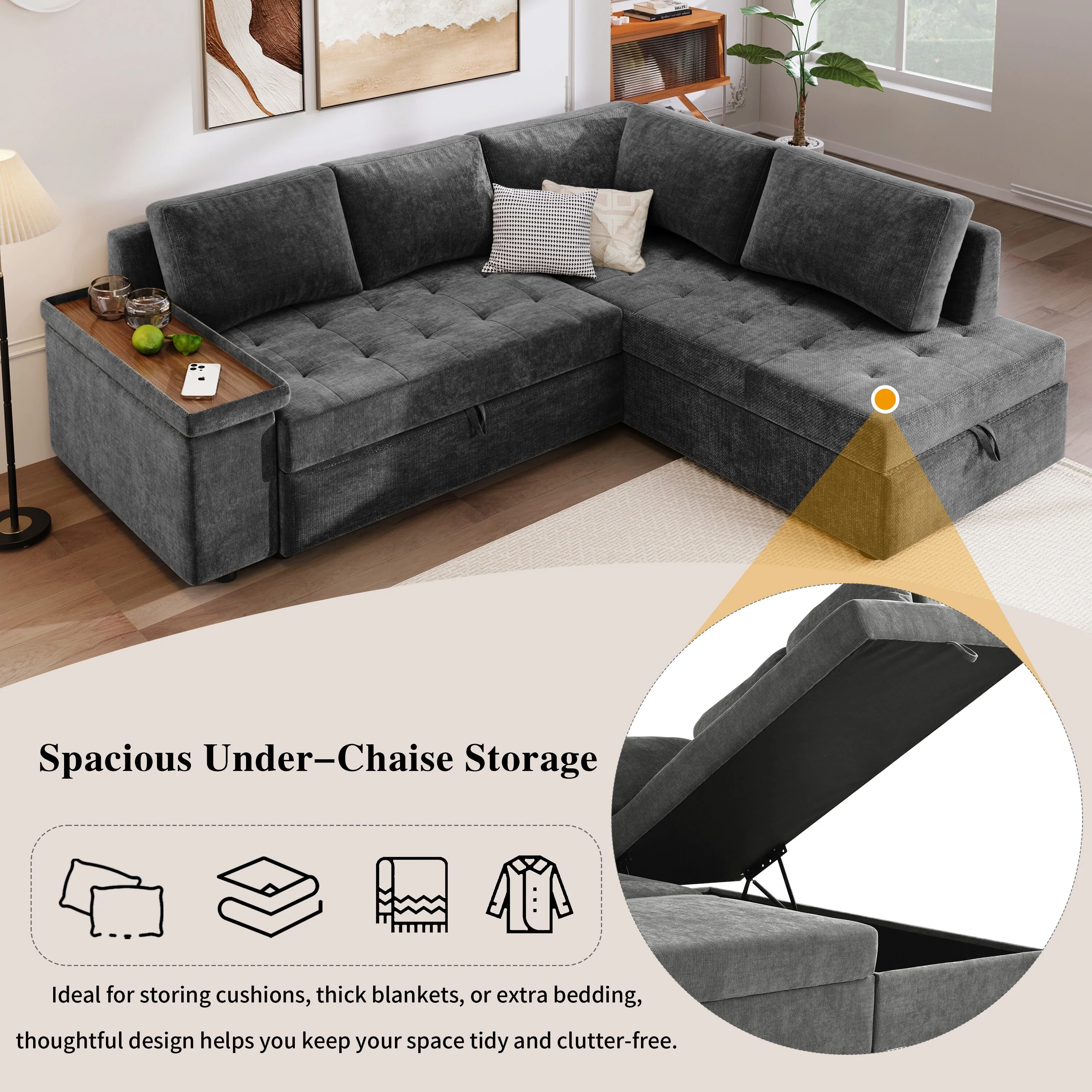 91.5 Polyester L-Shaped Sectional Sofa with Pull-Out Bed, Hidden Storage and Wide Storage Armrests