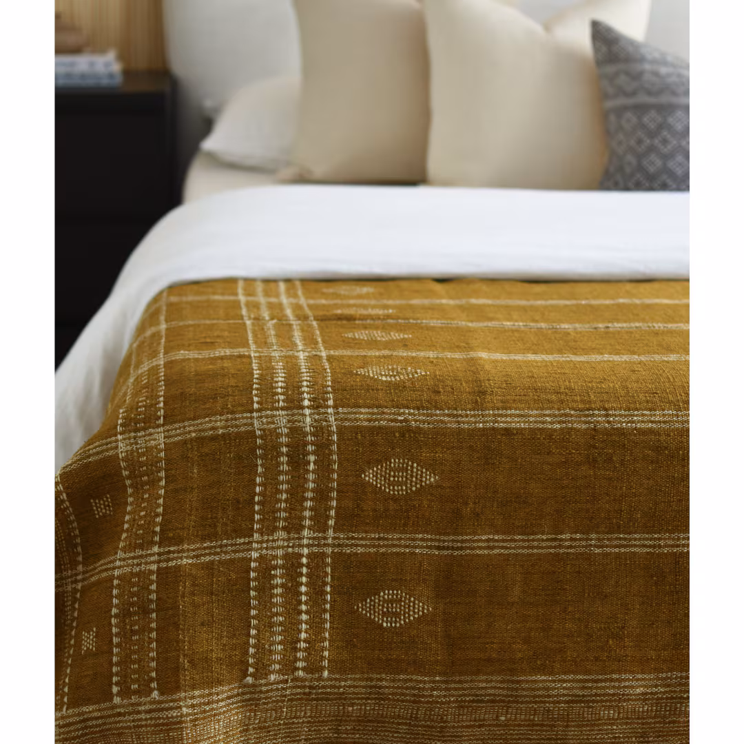 Handwoven Mustard Wool Coverlet: Bohemian Throw Blanket