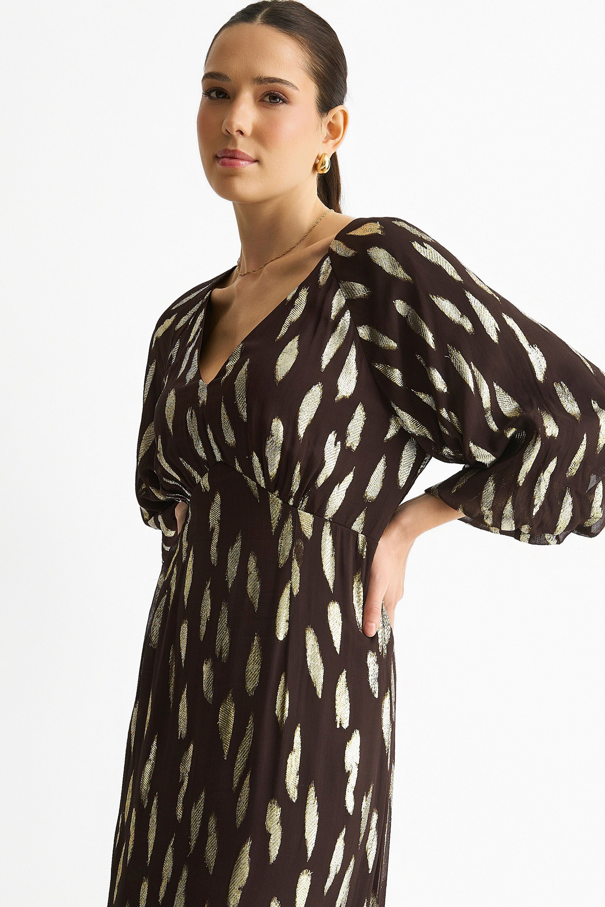 Gini London Chocolate Viscose Clipped Balloon Sleeve Maxi Dress