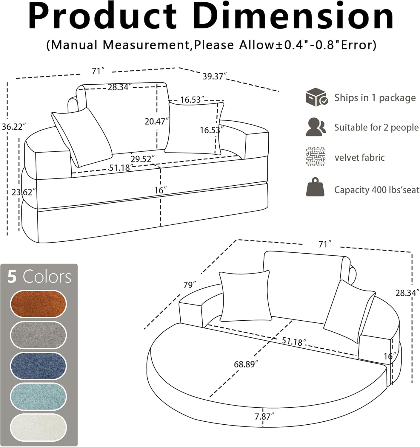 71 Boneless Couch Sofa Bed Oversized Round Couch 2-in-1 Foldable Floor Loveseat Sofa for Living Room and Apartment No Assembly(Gray, 71)