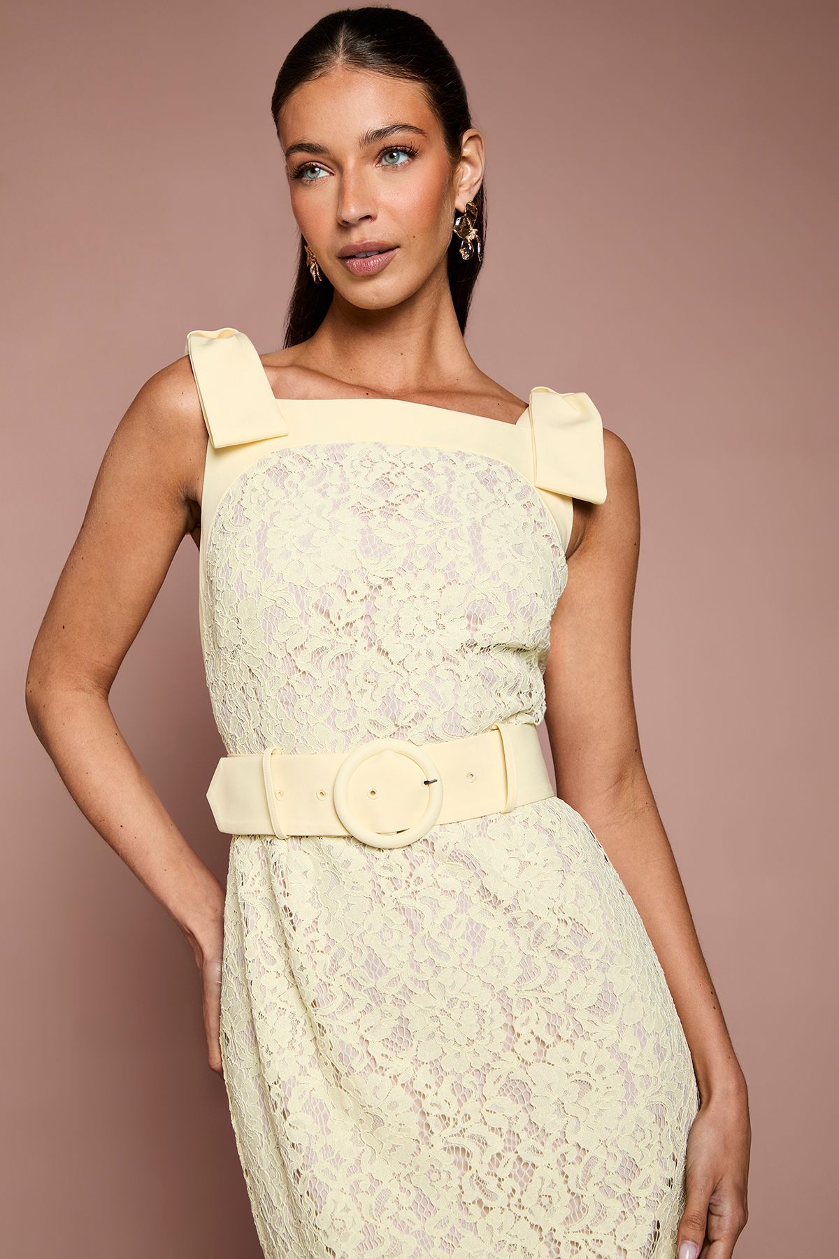 Coast Bow Shoulder Belted Lace Dress