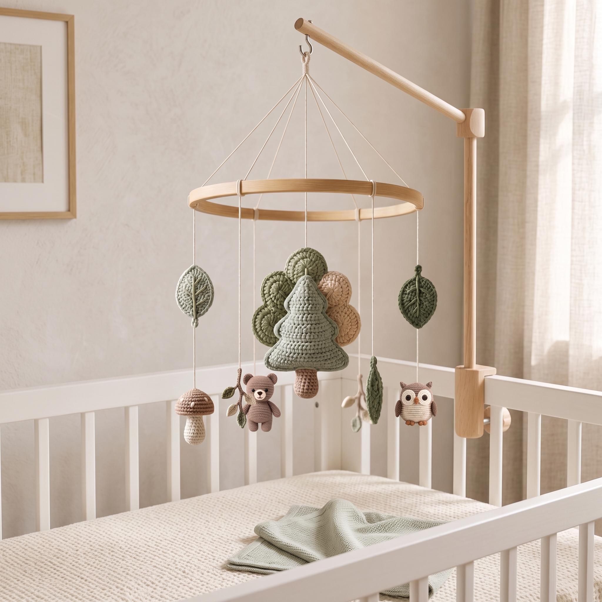 Woodland Crochet Baby Mobile, Forest Nursery Crib Mobile, Handmade Baby Shower Gift, Neutral Nursery Decor
