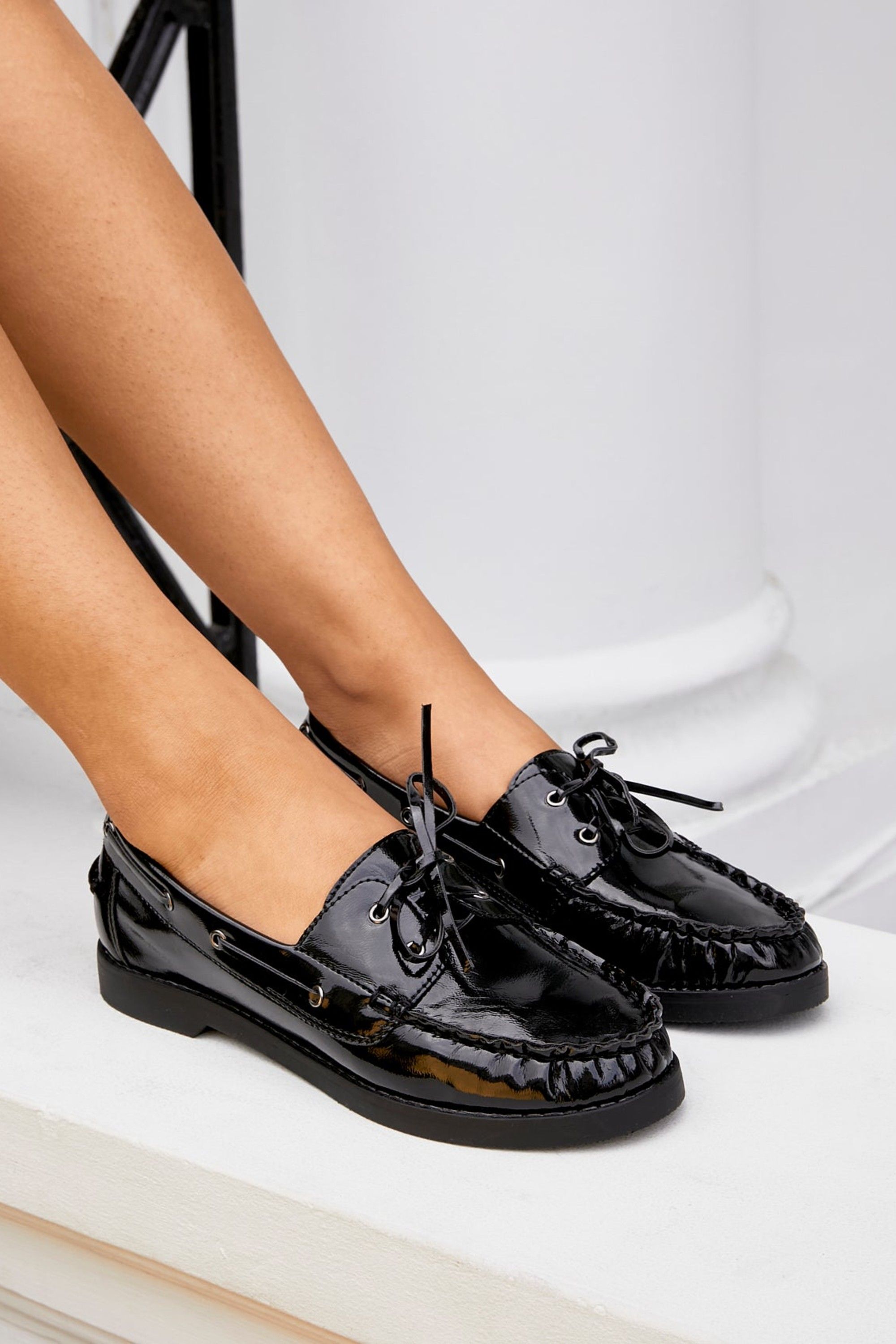 Linzi Frame Black High Shine Boat Shoes