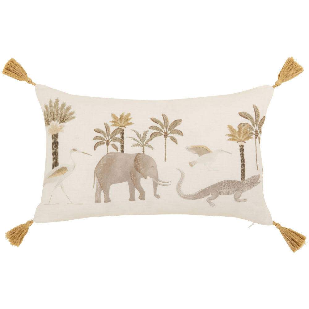 ANUBIS - Housse de coussin en lin à pompons imprimé jungle écru et multicolore 30x50
