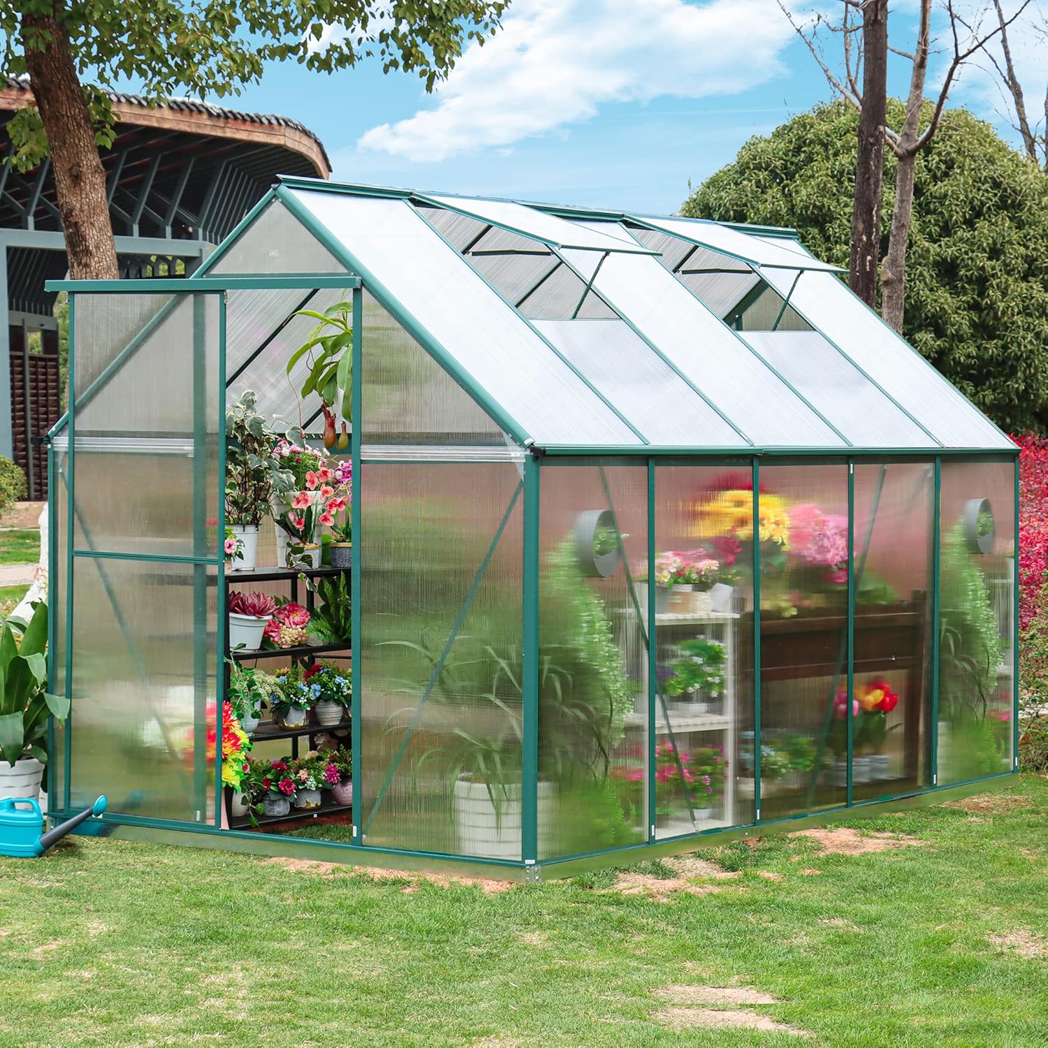 6'x10' Walk-in Greenhouse with 4mm 800G Polycarbonate Panels - Heavy-Duty Aluminum Frame, Wind/Snow Resistant for Gardening, Includes Sliding Door  Ventilation Windows (Green)