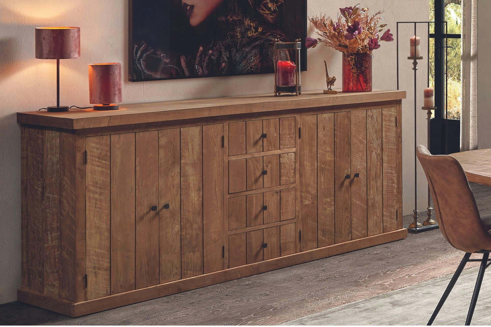 LINAS - Buffet bas en bois massif recyclé 4 portes 4 tiroirs L 220 cm