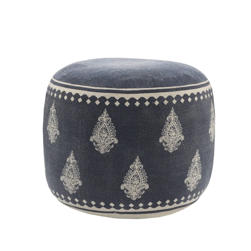 HomeRoots 18 Blue Cotton Cylinder Paisley Pouf Ottoman