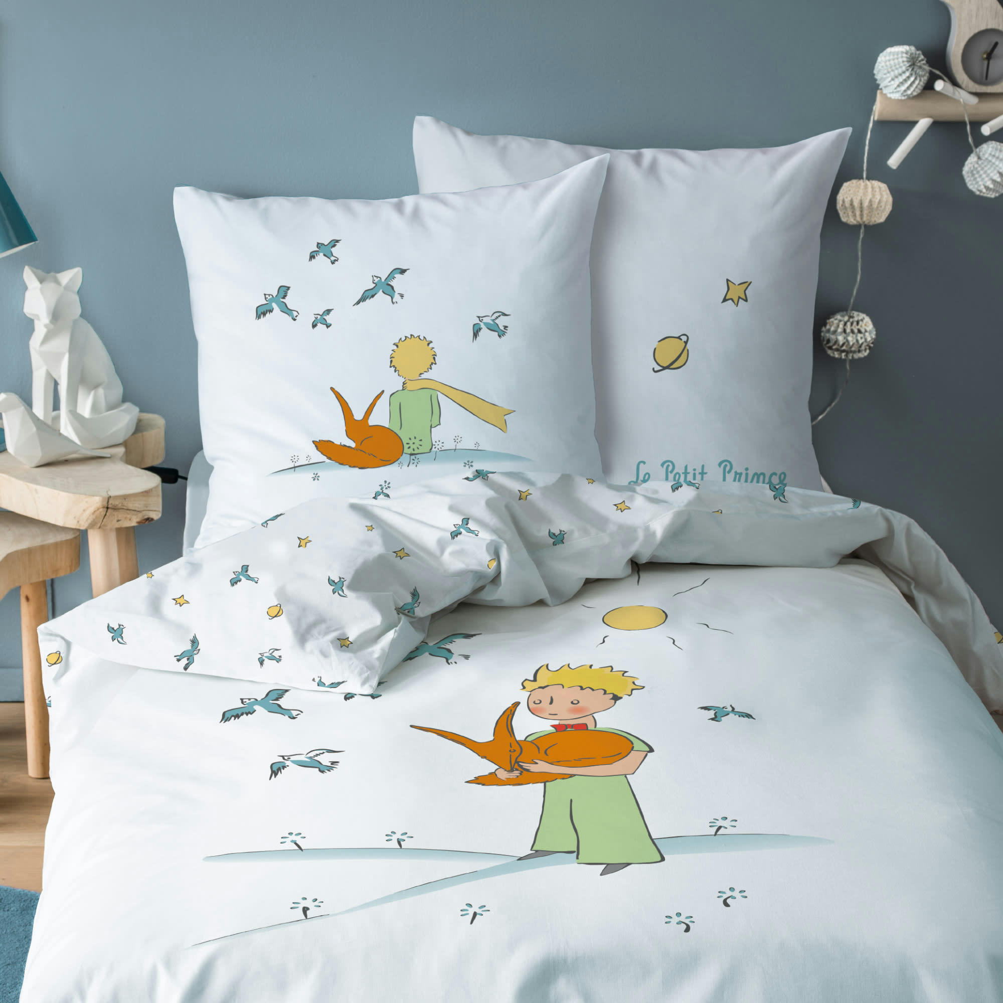 LE PETIT PRINCE BIRDS - Parure de lit imprimée en coton Blanc 140x200+63x63cm