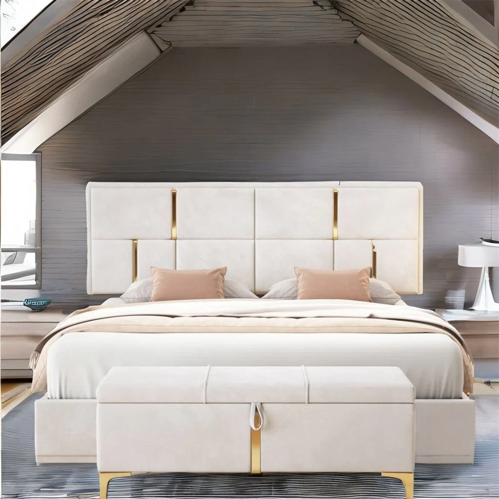 Bedroom Sets with Queen Size Upholstered Platform Bed and Ottoman