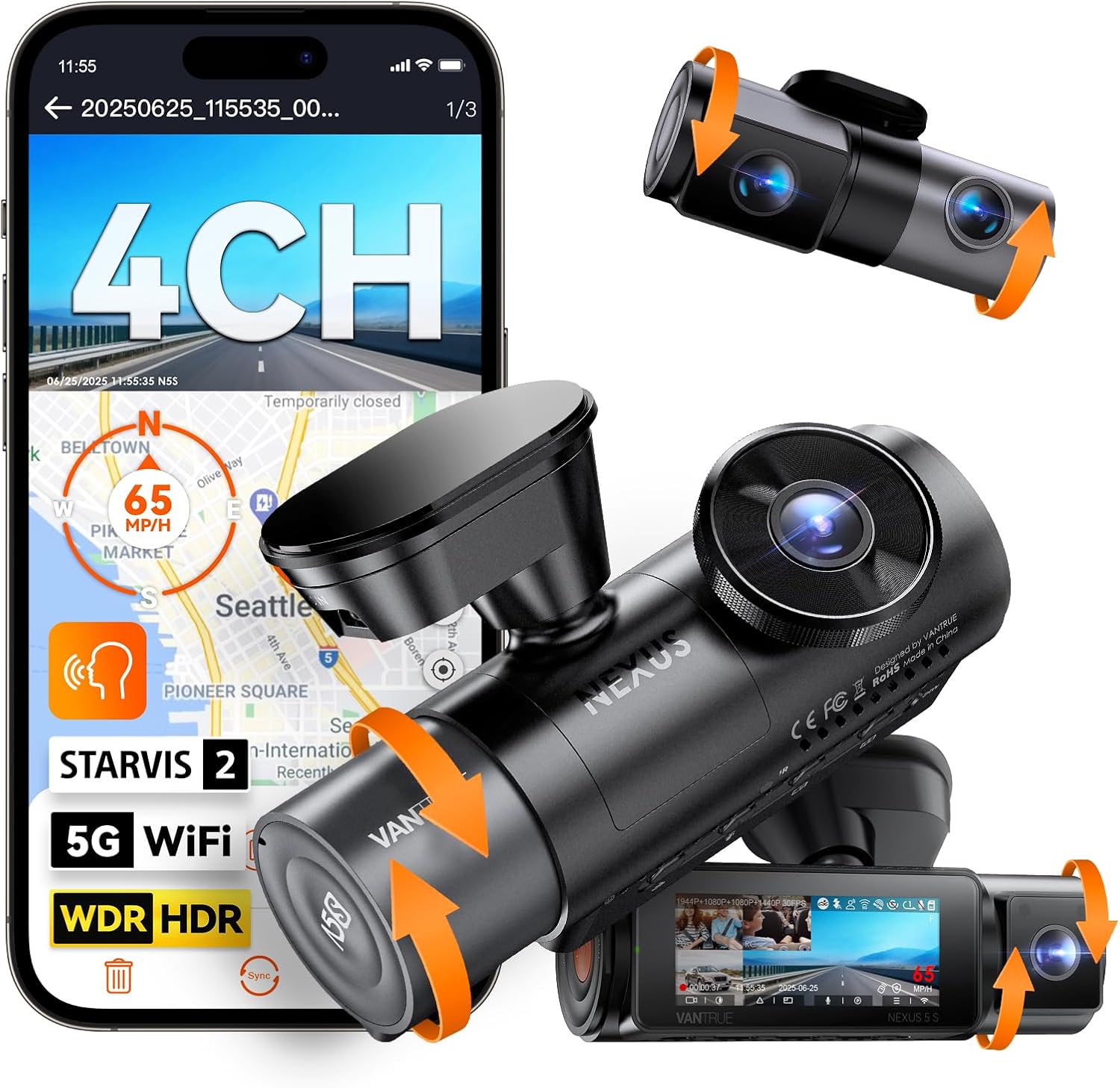 Vantrue N5S 4 Channel 360 Degree 2.7K Dash Cam  4CH STARVIS 2 Night Vision  2.7K+1080P*2+1440P Front Rear Inside Dashcam  24/7 Buffered Parking Mode  WiFi  Voice Control  Dual GPS  Support 1TB Max